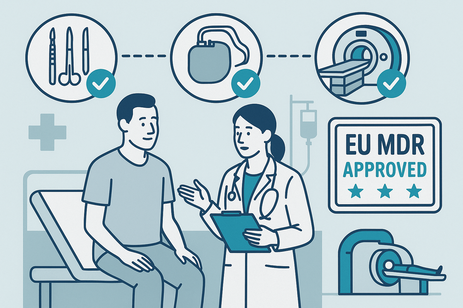 EU MDR approved medical devices infographic with patient, doctor, and surgical tools