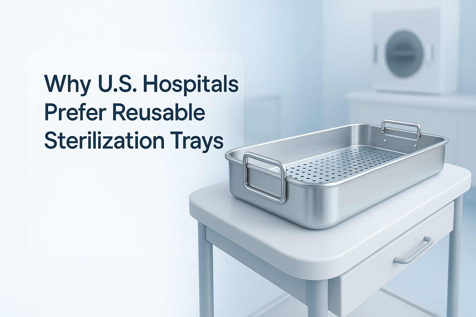 Reusable sterilization tray beside medical tools in a modern hospital setting with blog title overlay.