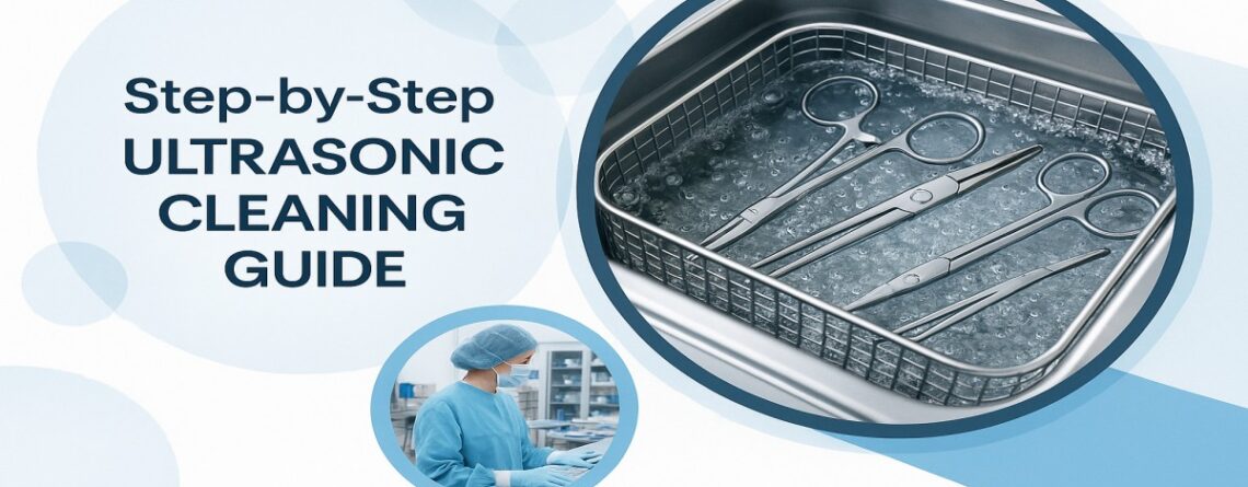 Ultrasonic cleaning process for surgical instruments showing medical trays inside a cleaning machine with bubbles and blue circular design elements.