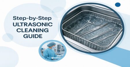 Ultrasonic cleaning process for surgical instruments showing medical trays inside a cleaning machine with bubbles and blue circular design elements.