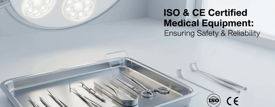 ISO and CE-certified stainless steel medical equipment including surgical trays and instruments in a modern hospital setting, highlighting safety, reliability, and compliance.