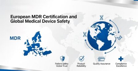 Infographic illustrating European MDR Certification and global medical device safety, showing a map of Europe, a world globe, and icons for patient safety, product reliability, quality assurance, and compliance excellence in blue and white tones.