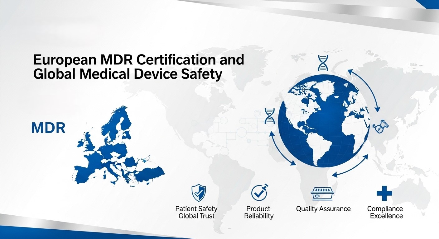 Infographic illustrating European MDR Certification and global medical device safety, showing a map of Europe, a world globe, and icons for patient safety, product reliability, quality assurance, and compliance excellence in blue and white tones.