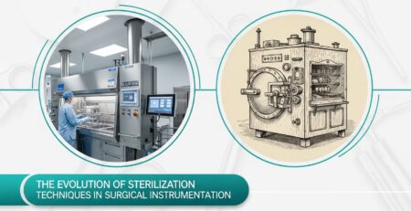 Modern vs. historical surgical sterilization showing high-tech autoclave and vintage equipment illustration.