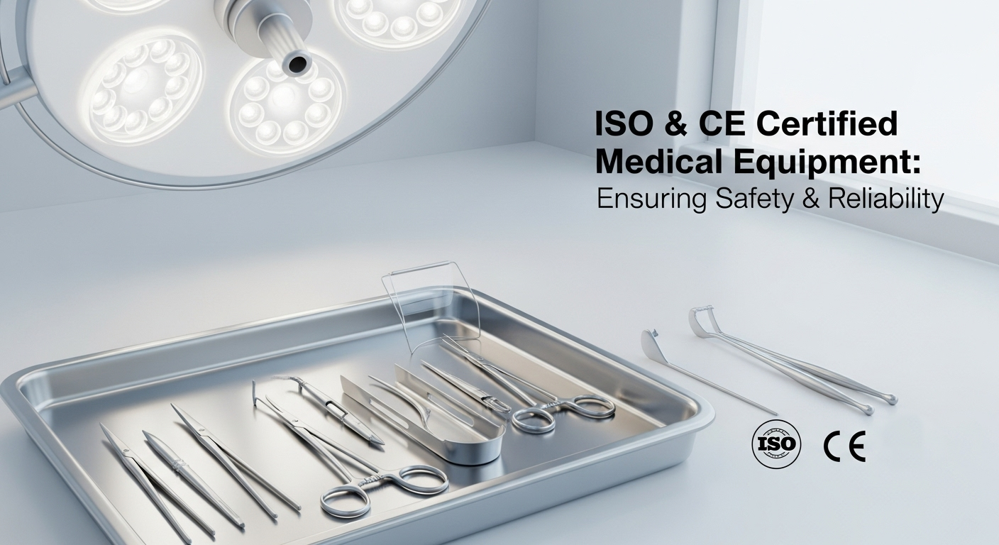 ISO and CE-certified stainless steel medical equipment including surgical trays and instruments in a modern hospital setting, highlighting safety, reliability, and compliance.