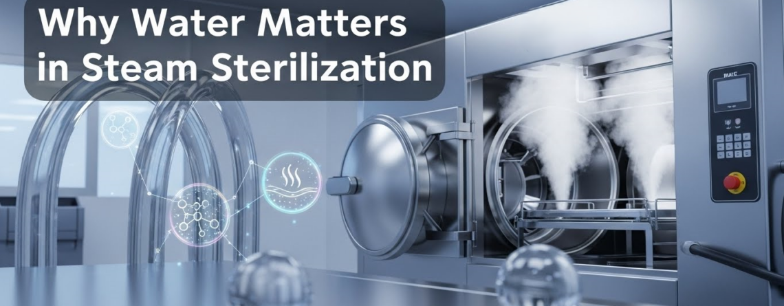 State-of-the-art stainless steel autoclave with RO/DI water treatment system, steam rising, crystal-clear water droplets, showing clean, professional medical sterilization setup.