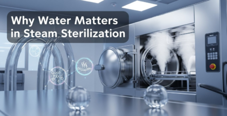 State-of-the-art stainless steel autoclave with RO/DI water treatment system, steam rising, crystal-clear water droplets, showing clean, professional medical sterilization setup.