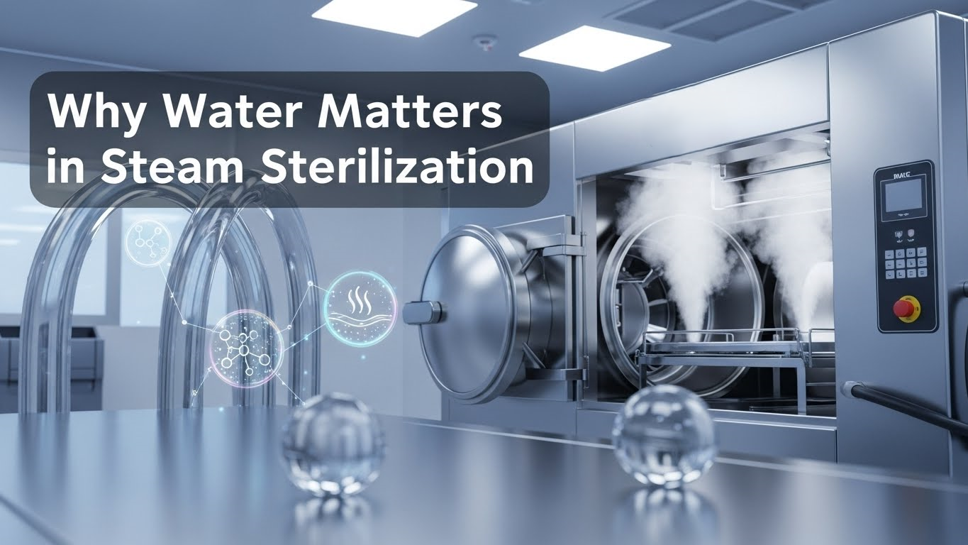 State-of-the-art stainless steel autoclave with RO/DI water treatment system, steam rising, crystal-clear water droplets, showing clean, professional medical sterilization setup.
