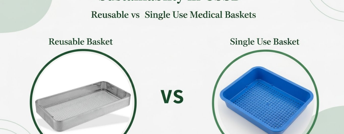 Side-by-side view of a reusable stainless steel medical basket and a single-use plastic medical basket in a hospital CSSD