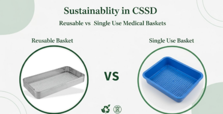 Side-by-side view of a reusable stainless steel medical basket and a single-use plastic medical basket in a hospital CSSD
