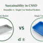 Side-by-side view of a reusable stainless steel medical basket and a single-use plastic medical basket in a hospital CSSD