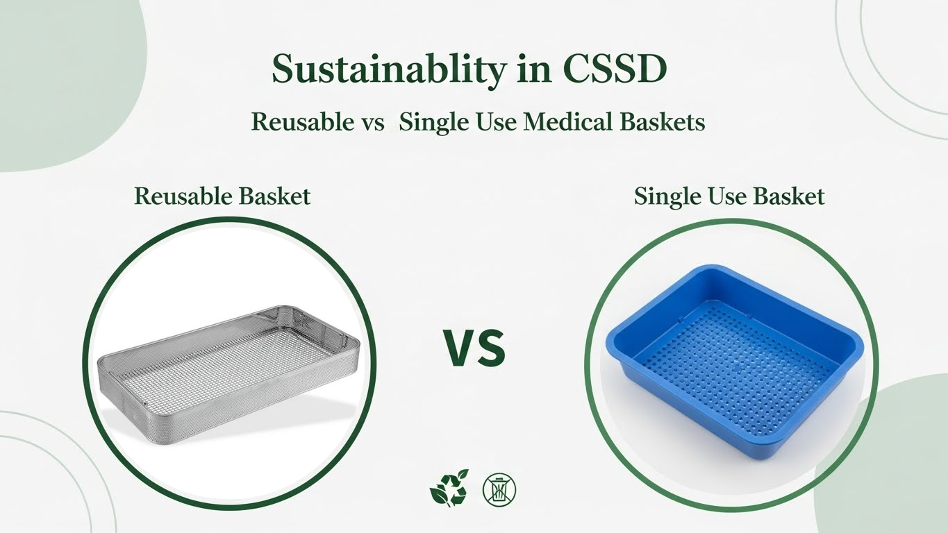 Side-by-side view of a reusable stainless steel medical basket and a single-use plastic medical basket in a hospital CSSD
