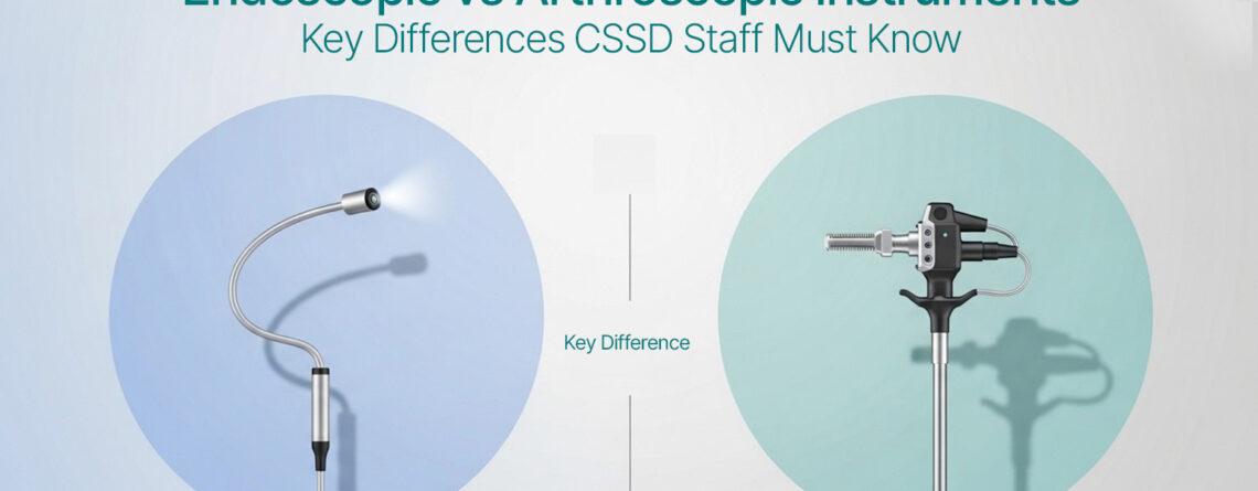 Minimal split-layout illustration comparing endoscopic vs arthroscopic instruments, showing a flexible endoscope on blue background and a rigid arthroscope on teal background with key differences label in center.