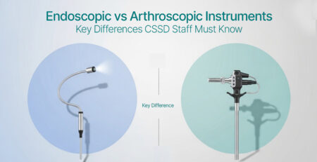 Minimal split-layout illustration comparing endoscopic vs arthroscopic instruments, showing a flexible endoscope on blue background and a rigid arthroscope on teal background with key differences label in center.