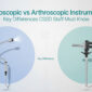 Minimal split-layout illustration comparing endoscopic vs arthroscopic instruments, showing a flexible endoscope on blue background and a rigid arthroscope on teal background with key differences label in center.