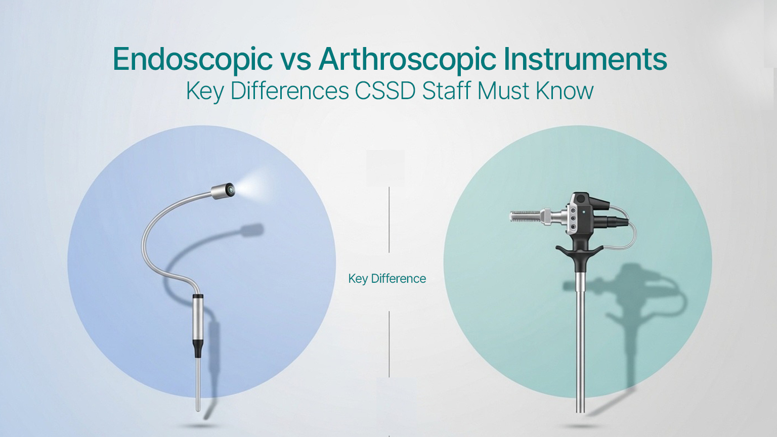 Minimal split-layout illustration comparing endoscopic vs arthroscopic instruments, showing a flexible endoscope on blue background and a rigid arthroscope on teal background with key differences label in center.