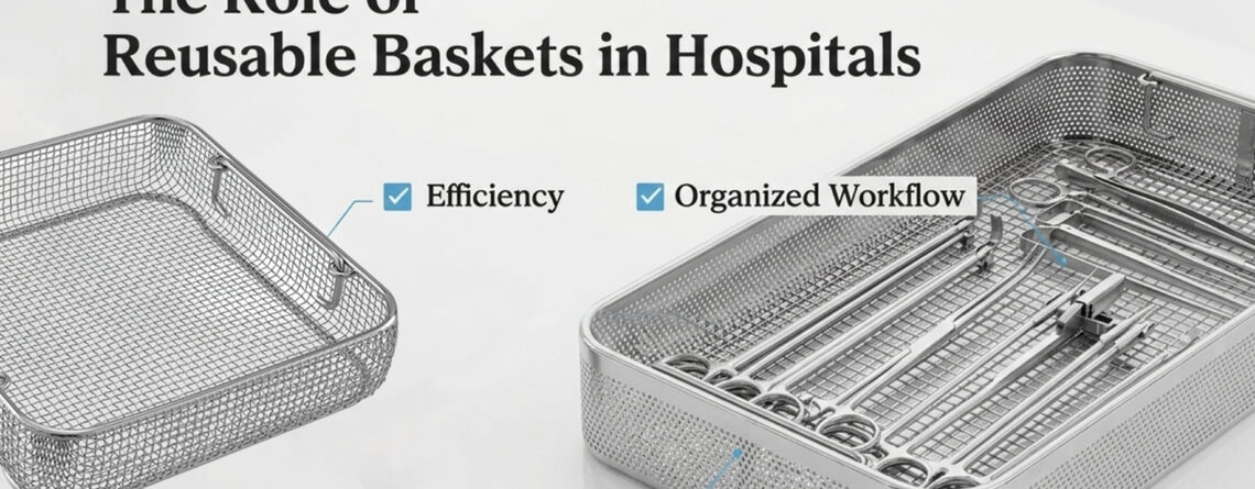 Stainless steel reusable medical baskets with surgical instruments, organized in a modern hospital setting for efficiency and workflow optimization.
