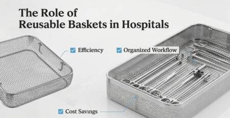 Stainless steel reusable medical baskets with surgical instruments, organized in a modern hospital setting for efficiency and workflow optimization.