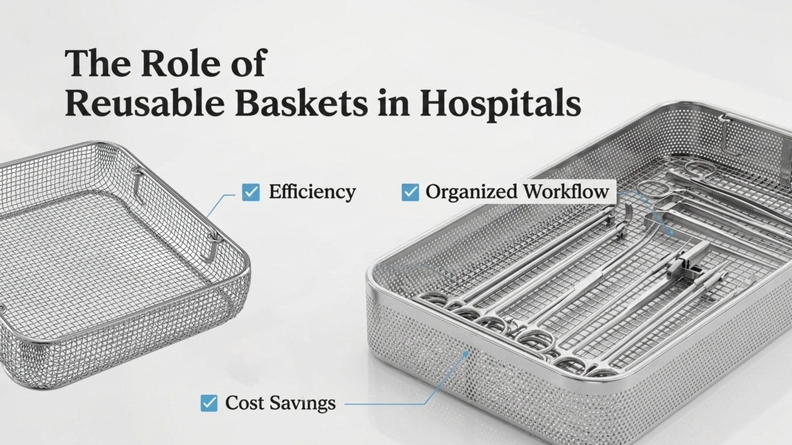 Stainless steel reusable medical baskets with surgical instruments, organized in a modern hospital setting for efficiency and workflow optimization.